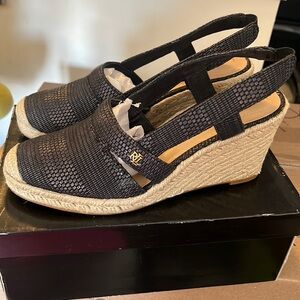 Ralph Lauren RL Slingback Espadrille Wedges Black Sz 8B NEW